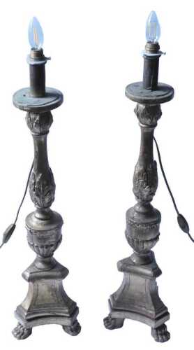 A pair of 19thC Italian gilt gesso lamp bases, each decorated with leaves, on a concave triform...