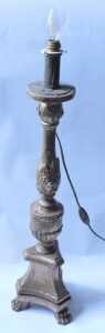 A pair of 19thC Italian gilt gesso lamp bases, each decorated with leaves, on a concave triform... - 2