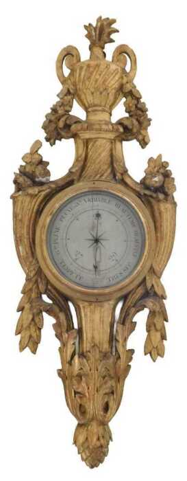 An early 19thC French Louis XVI style giltwood & gesso barometer, the 21cm diameter dial signed...