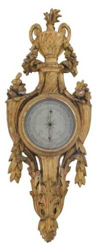 An early 19thC French Louis XVI style giltwood & gesso barometer, the 21cm diameter dial signed...