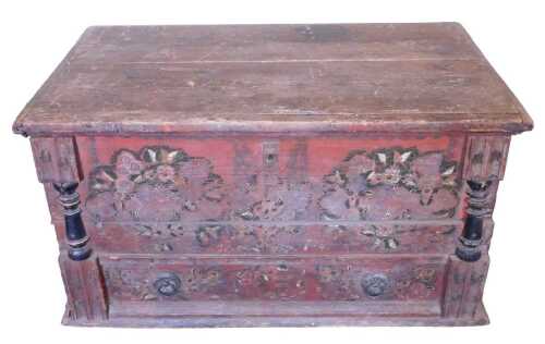 A late 18th/early 19thC Continental pine chest, painted overall with flowers, etc., the front...