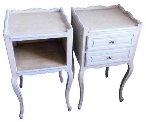 A pair of French painted bedside cabinets, one with a recess, the other with two drawers, on...