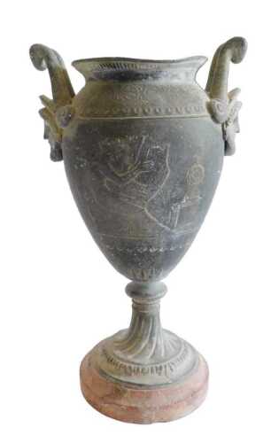 A 19thC French spelter and red marble two handled urn, 30cm high. Offsite Sale - Buying &...
