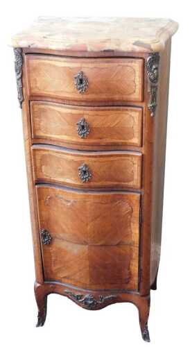 A late 19th/early 20thC rosewood French side cabinet, the serpentine shaped Breche d'Alep top...