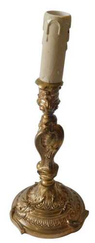 A French gilt metal rococo scroll table lamp base, 29.5cm high including fitting. Offsite Sale -...