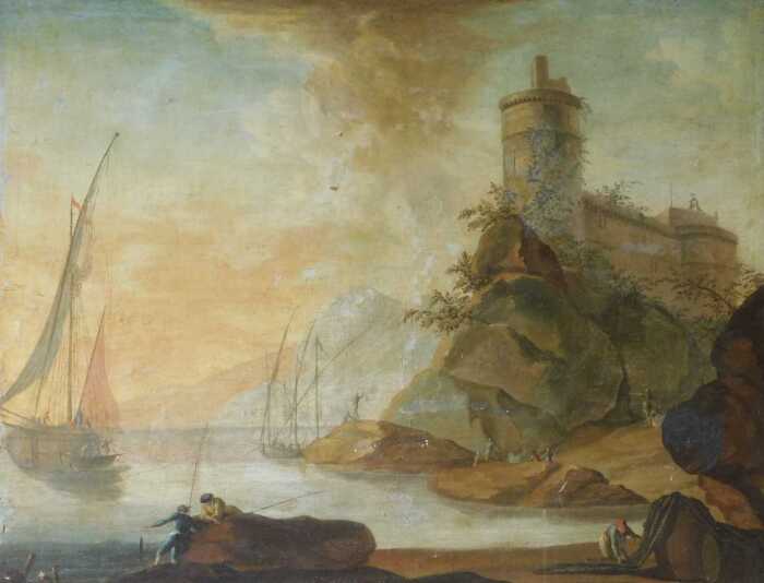 18thC Continental School. Mediterranean coastal scene with rocky outcrops and fort, ships and...