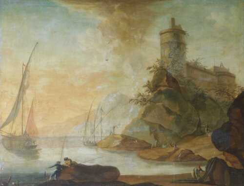 18thC Continental School. Mediterranean coastal scene with rocky outcrops and fort, ships and...
