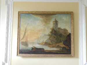 18thC Continental School. Mediterranean coastal scene with rocky outcrops and fort, ships and... - 2