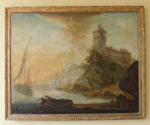 18thC Continental School. Mediterranean coastal scene with rocky outcrops and fort, ships and... - 3