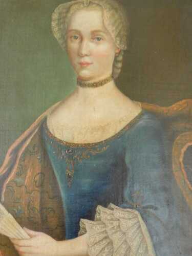 18thC French School. Portrait of a lady, half length, wearing a blue dress and holding a fan,...