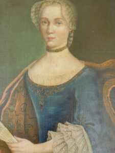 18thC French School. Portrait of a lady, half length, wearing a blue dress and holding a fan,...