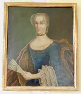 18thC French School. Portrait of a lady, half length, wearing a blue dress and holding a fan,... - 2
