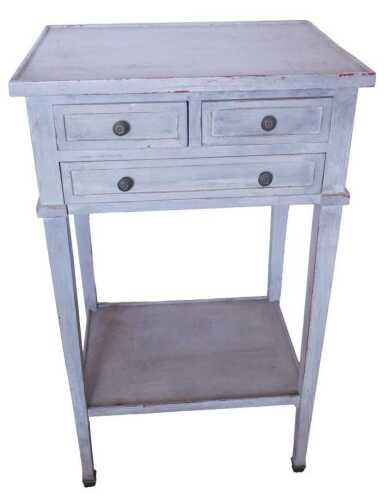A French grey painted bedside table, the rectangular top with a raised border, above two short...