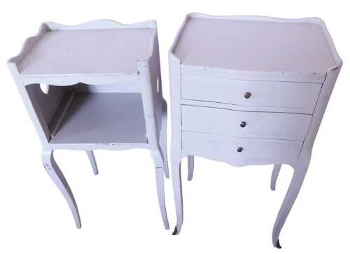 A matched pair of French grey painted bedside tables, one with raised top and three drawers, on...