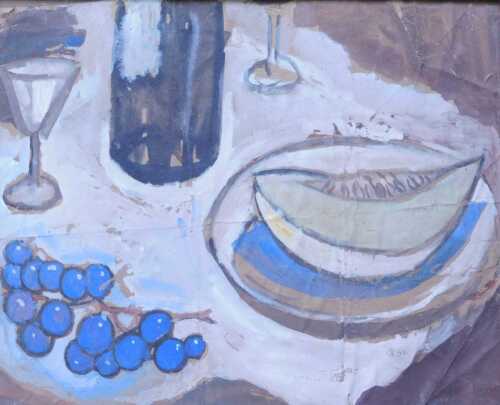 Katherine White (20thC). Still life, melon and grapes, watercolour, signed, 33cm x 41cm. Offsite...