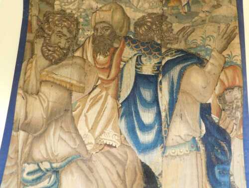 A Flemish tapestry, probably 17thC, of rectangular form, set with four religious figures, in...