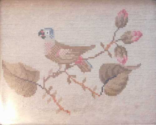 19thC Needlework. Bird on a branch, 24cm x 30cm, in an ornate gilt frame. Offsite Sale - Buying...
