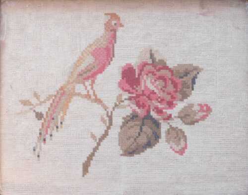 19thC Needlework. Bird on a branch, 24cm x 30cm, in an ornate gilt frame. Offsite Sale - Buying...