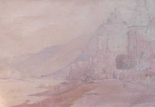 Peter De Wint (1784-1849). River landscape with figures and buildings, watercolour drawing,...
