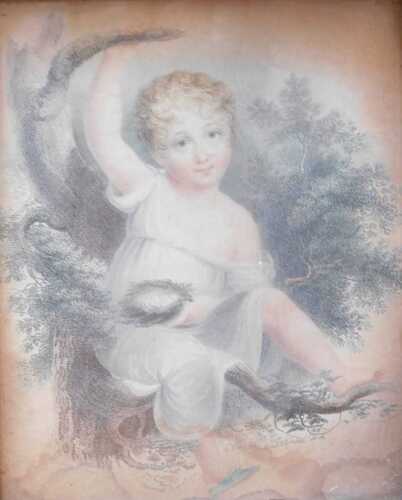After Thompson. Young infant holding bird's nest, coloured stipple engraving, publisher Edward...