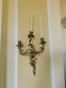 A pair of late 19thC Louis XV style rococo style gilt metal three-branch wall sconces, each with... - 3