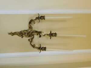 A pair of late 19thC Louis XV style rococo style gilt metal three-branch wall sconces, each with... - 5