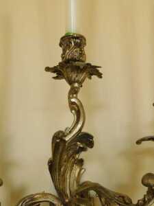 A pair of late 19thC Louis XV style rococo style gilt metal three-branch wall sconces, each with... - 6