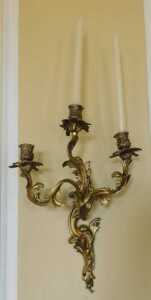 A pair of late 19thC Louis XV style rococo style gilt metal three-branch wall sconces, each with... - 7