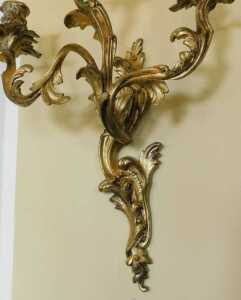 A pair of late 19thC Louis XV style rococo style gilt metal three-branch wall sconces, each with... - 8