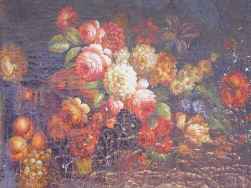 19thC Dutch School. Floral still life with fruits, oil on canvas, laid on later board, 41cm x...