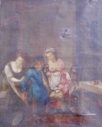 19thC Continental School. Tavern scene, maids with gentleman, oil on canvas, 59cm x 52cm. Label...