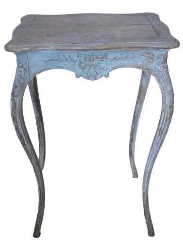A French grey painted occasional table, the rectangular top with a moulded shaped edge, above a...
