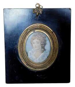 A 19thC oval portrait miniature of a lady, in white dress and pearl necklace, stipple engraving...