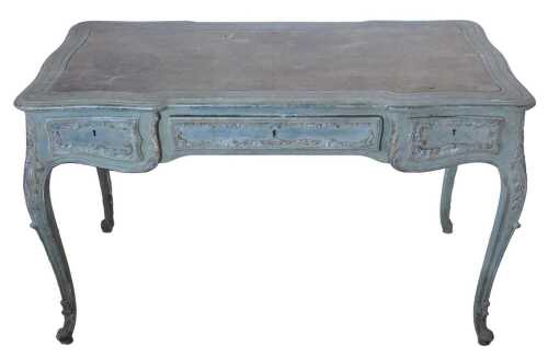 A late 19th/early 20thC French green and gilt painted bureau plat, the rectangular shaped top...