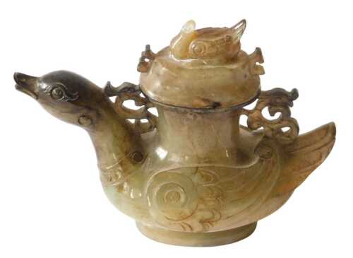 A Chinese carved jadeite duck shaped vessel, with matching cover, 16cm long. Offsite Sale -...