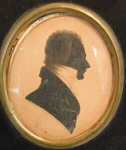 An early 19thC oval portrait silhouette of a gentleman, black ink, 8.5cm x 6.5cm. Offsite Sale -... - 2