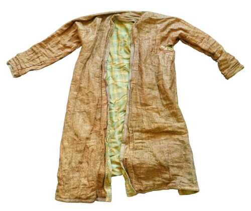 An Afghan coat, with brown and coral coloured fabric, with floral design, purple and red...