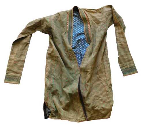 An Afghan coat, in red and green stripe design, with zigzag embroidered cuffs, blue and white...