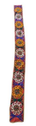 A suzani tent hanging, with a design of medallions, in gold and white, within blue and green...
