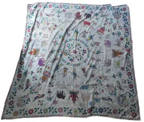 An Indian bed cover, with an intricate design of figures, elephants, religious symbols, peacocks,...