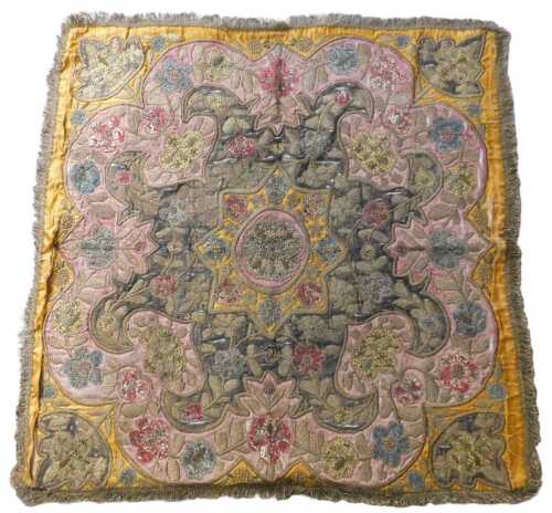 A Turkish Ottoman table cover, embroidered in gold and silver metallic thread, with a central...