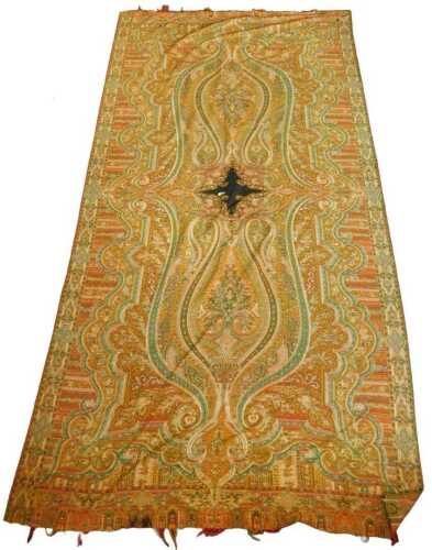 A mid 19thC French cashmere Paisley shawl, in shades of orange, red, green, grey, etc., the...