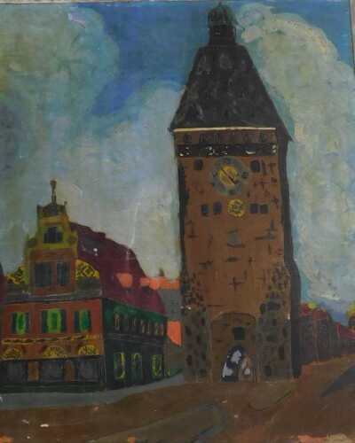 Therese Ambourg. Town scene with clock tower, shops, etc., oil on board, label verso for Salon...