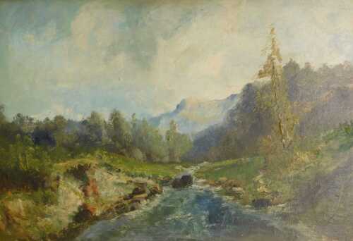 Emile Godchaux (1860-1938). Mountain river landscape, oil on canvas, signed, 63cm x 98cm....
