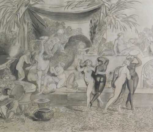 19thC French School. Bacchanalian scene with female nudes within an exotic landscape with palm...