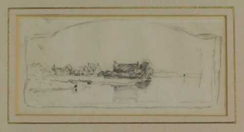 Joseph John Cotman (1814-1878). River landscape with cottages, 7cm x 16.5cm. Provenance: the...