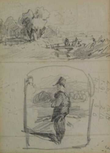 Joseph John Cotman (1814-1878). Two sketches, one of a figure, the other a landscape with bridge,...