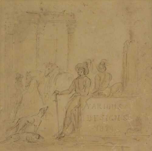 19thC English School. Sketch of figures with dogs and horses, titled, various designs, 1829, pen...