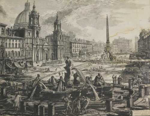After Piranesi. Veduta Piazza Navona, monochrome engraving, 44cm x 54cm. Offsite Sale - Buying &...