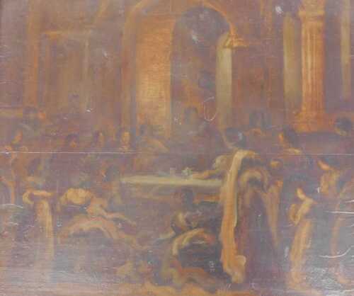 19thC School. Interior scene with figures, oil on board, 47cm x 56cm. Offsite Sale - Buying &...